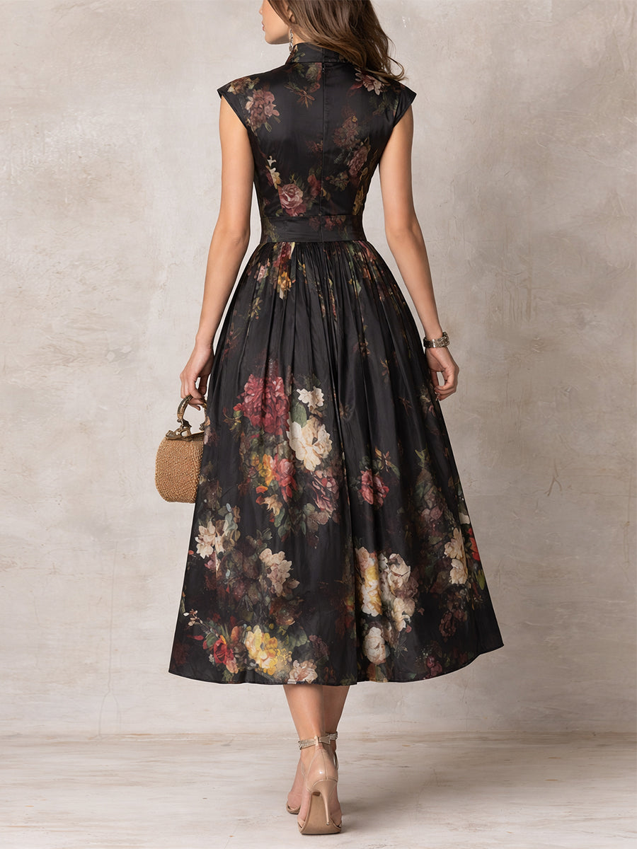 Abito Midi in Raso Pieghettato con Collo a Fessura - Elegante
