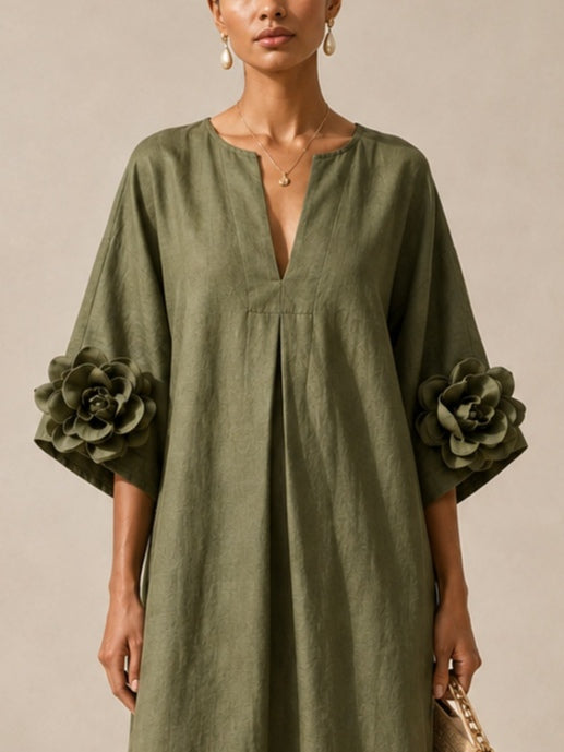 Abito Midi Verde Oliva con Scollo a V e Maniche Floreali Stravaganti