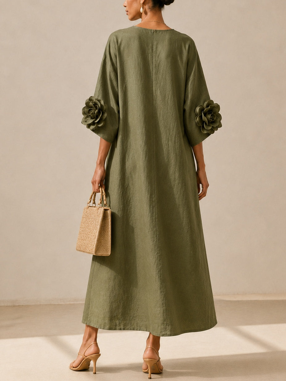 Abito Midi Verde Oliva con Scollo a V e Maniche Floreali Stravaganti