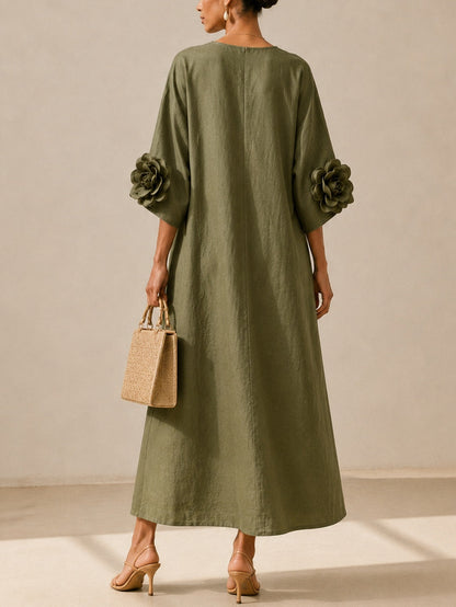 Abito Midi Verde Oliva con Scollo a V e Maniche Floreali Stravaganti