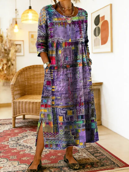 Manuela - Libero Vestito in Denim con Patchwork Etnico