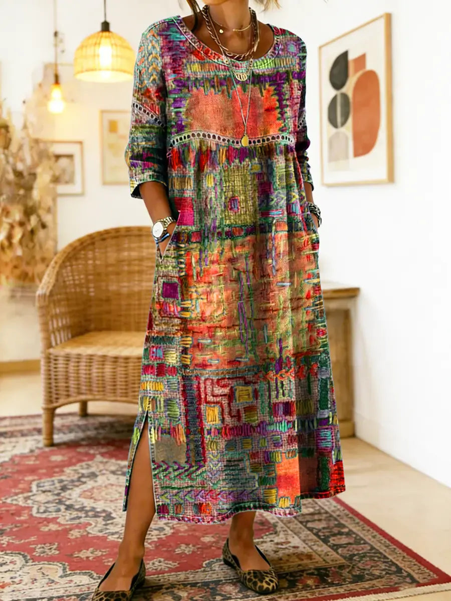 Manuela - Libero Vestito in Denim con Patchwork Etnico