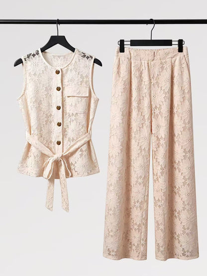Lady First - Elegante Completo IRENE Smanicato Pizzo – Top con Nodo & Pantalone Palazzo