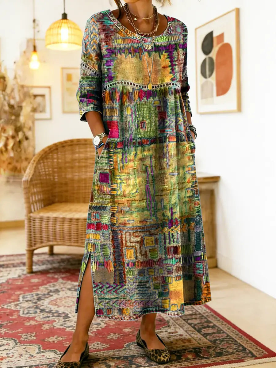 Manuela - Libero Vestito in Denim con Patchwork Etnico