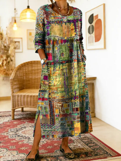 Manuela - Libero Vestito in Denim con Patchwork Etnico