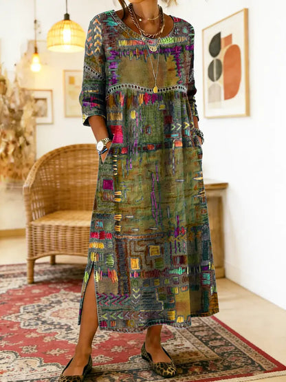 Manuela - Libero Vestito in Denim con Patchwork Etnico
