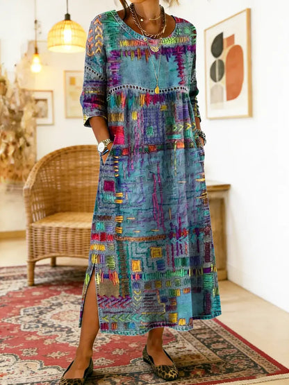 Manuela - Libero Vestito in Denim con Patchwork Etnico