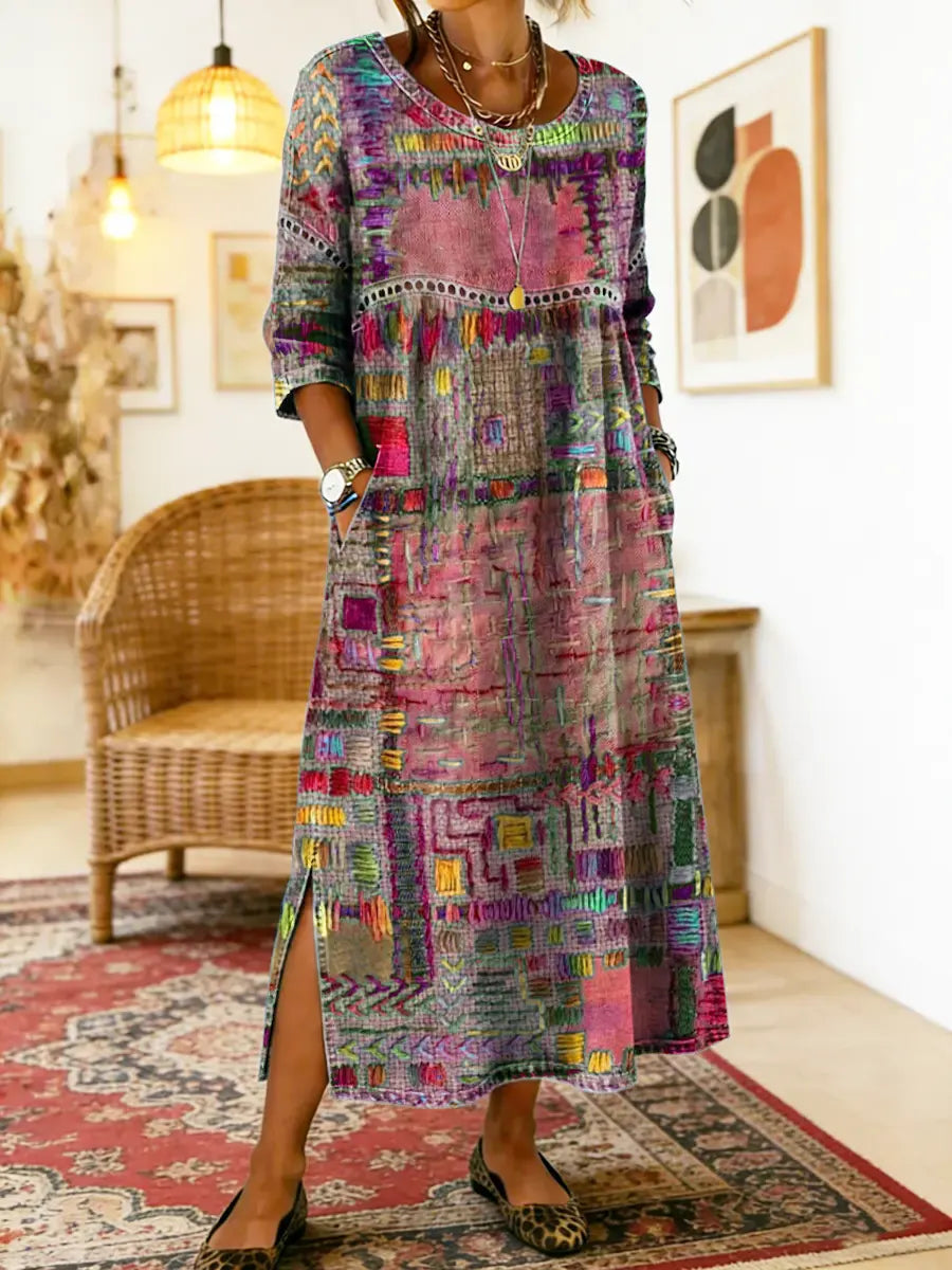 Manuela - Libero Vestito in Denim con Patchwork Etnico