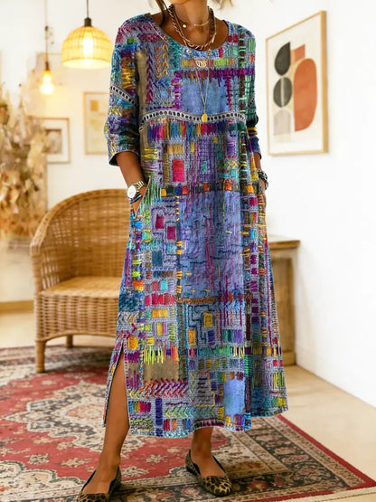 Manuela - Libero Vestito in Denim con Patchwork Etnico