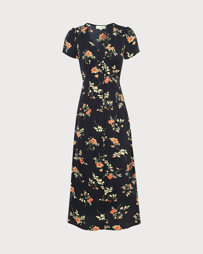 Maxi Abito Nero con Scollo a V e Maniche Corte