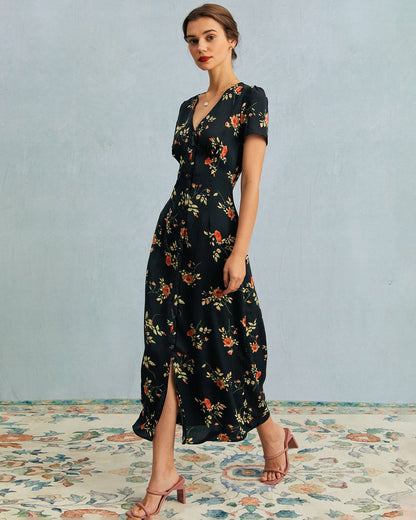 Maxi Abito Nero con Scollo a V e Maniche Corte