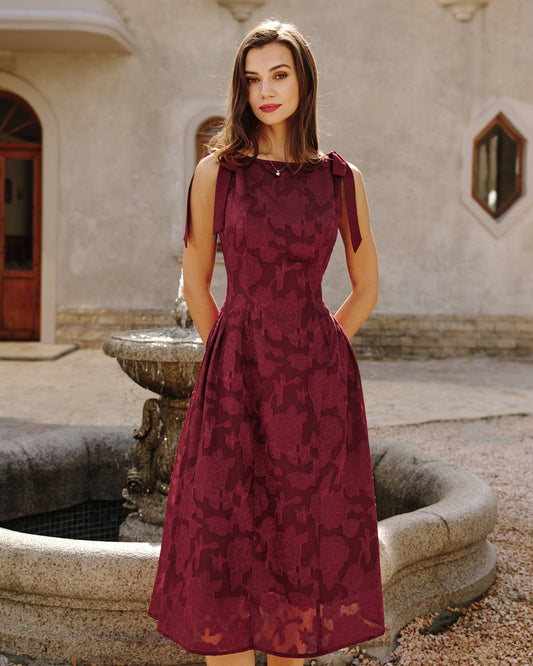 Abito Midi in Chiffon Jacquard Rosso Vivo